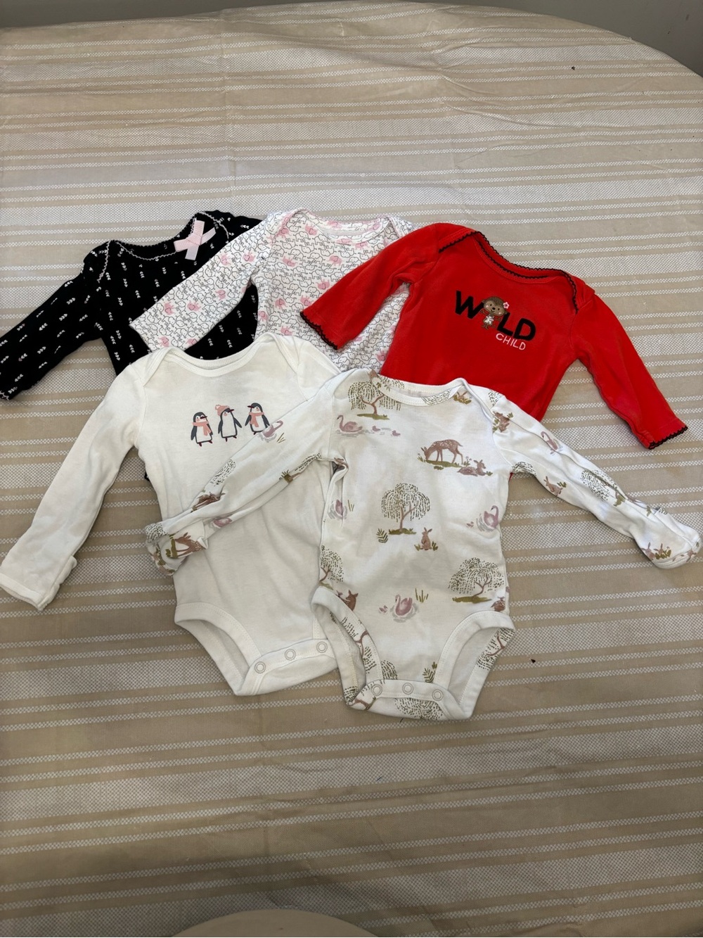 Mixed Pack of Girls Long-Sleeve One-Piece Bodysuits in Red, Black, White & Cream